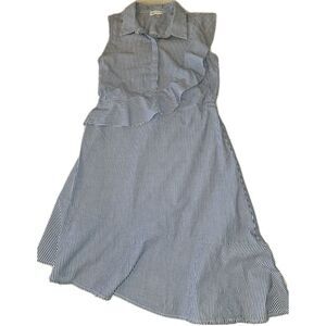Neiman Marcus White & Blue 100% Cotton Ruffle Detail Asymmetrical Dress‎ Sz LG.
